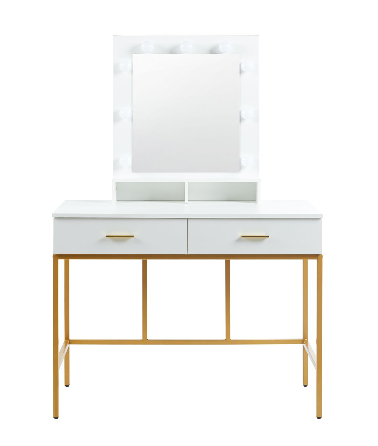 Elegancka toaletka biała 100cm, lustro LED, złoty stelaż