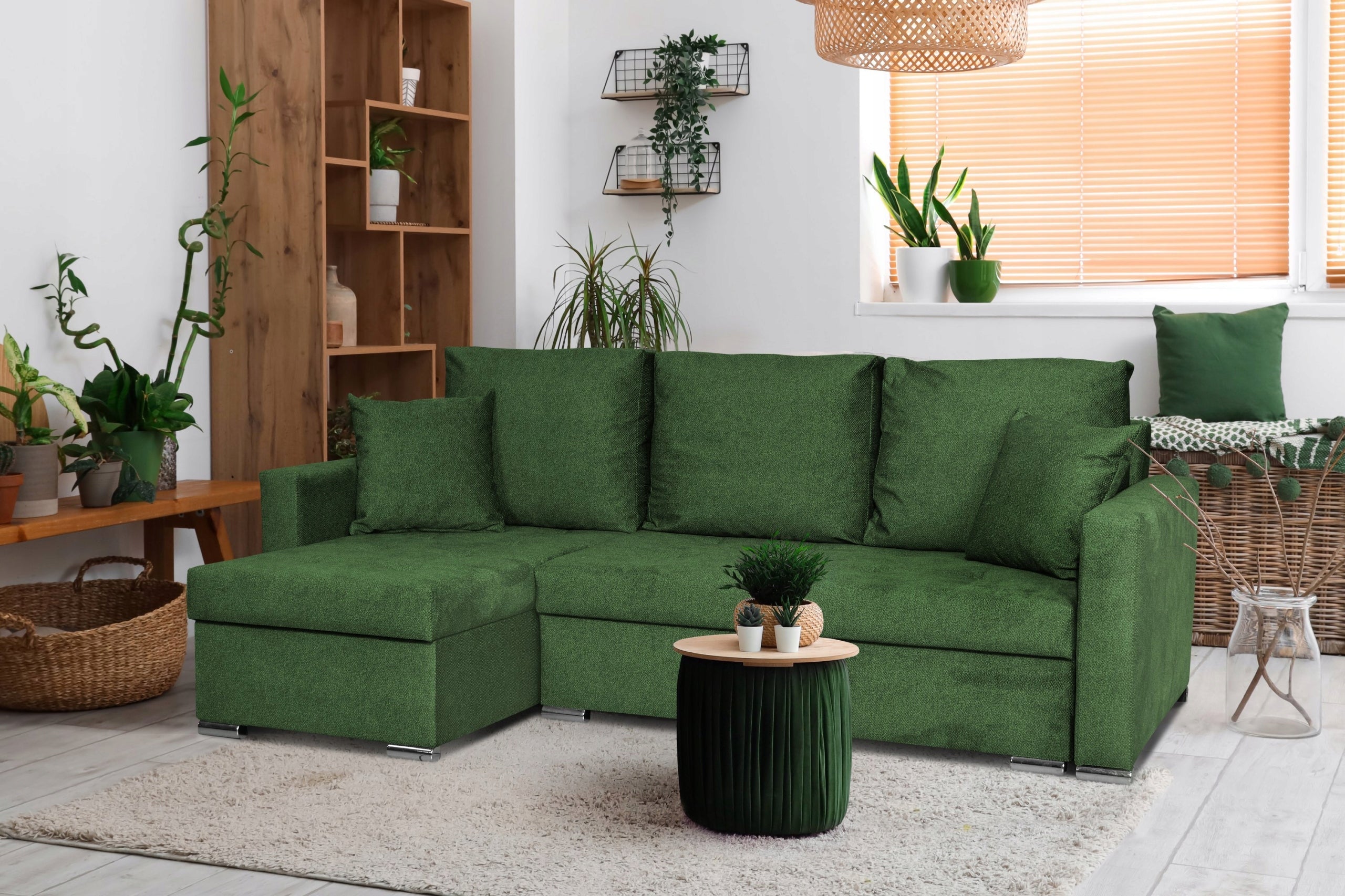 Narożnik Bella rozkładany z funkcją spania, uniwersalny, zielony welur