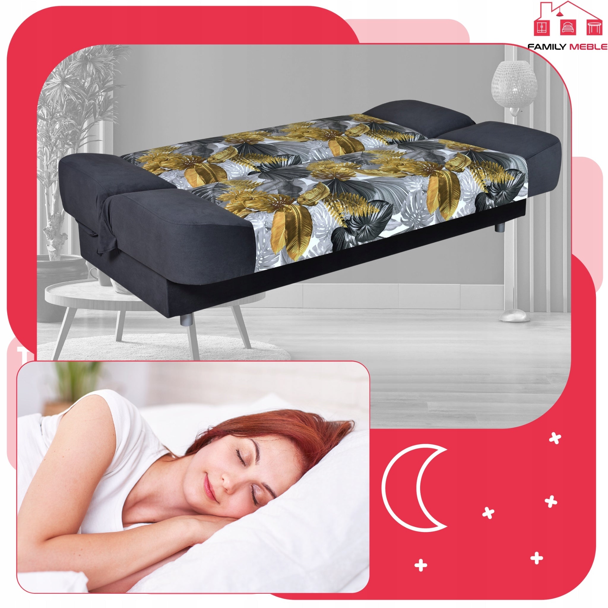 Kanapa Sara Print Duo rozkładana, dwukolorowa, z pojemnikiem