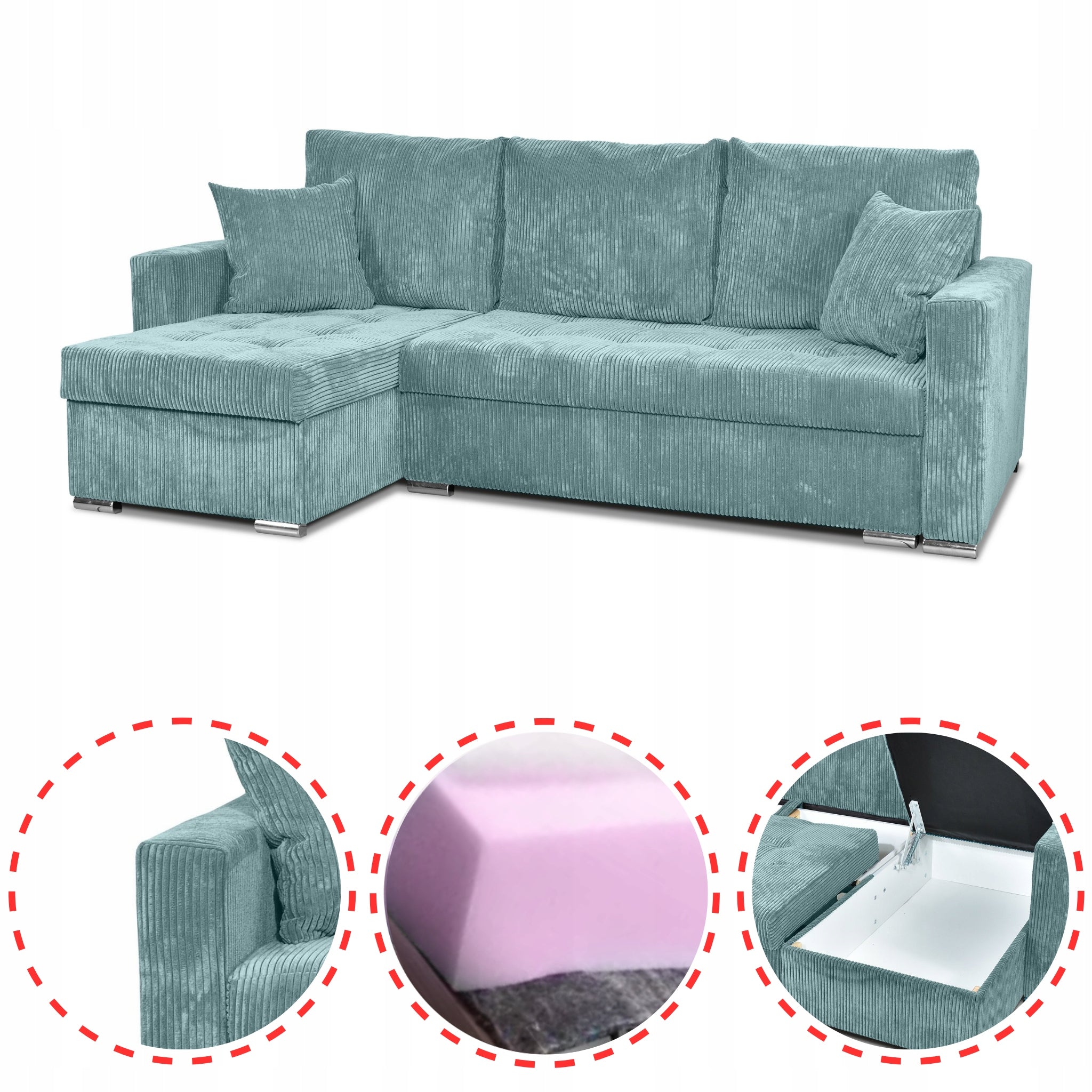Narożnik Bonito rozkładany, uniwersalny, spanie, pojemniki, sztruks zielony