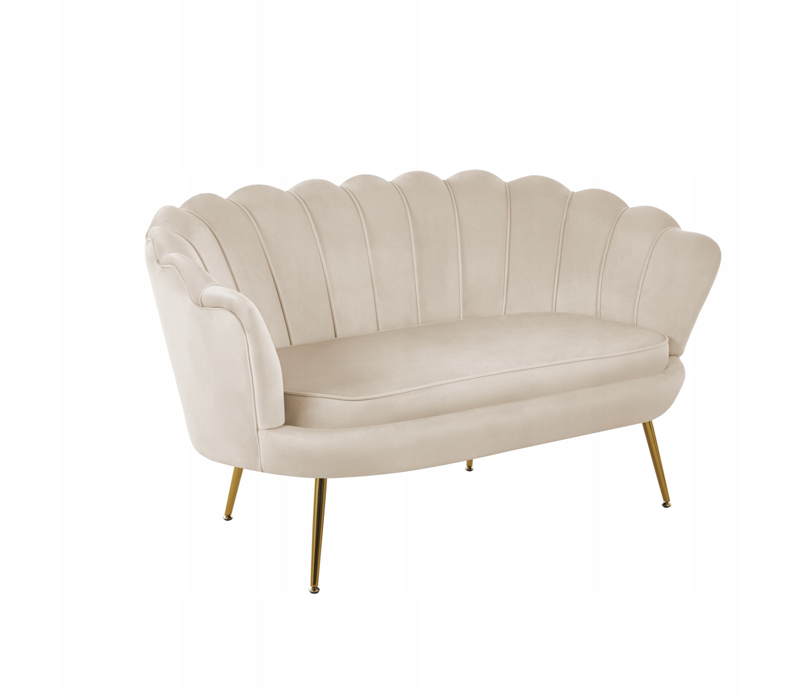 Beżowa Welurowa Sofa Dwuosobowa W Formie Muszelki Furnitex Glamour Złote Nogi Do Salonu