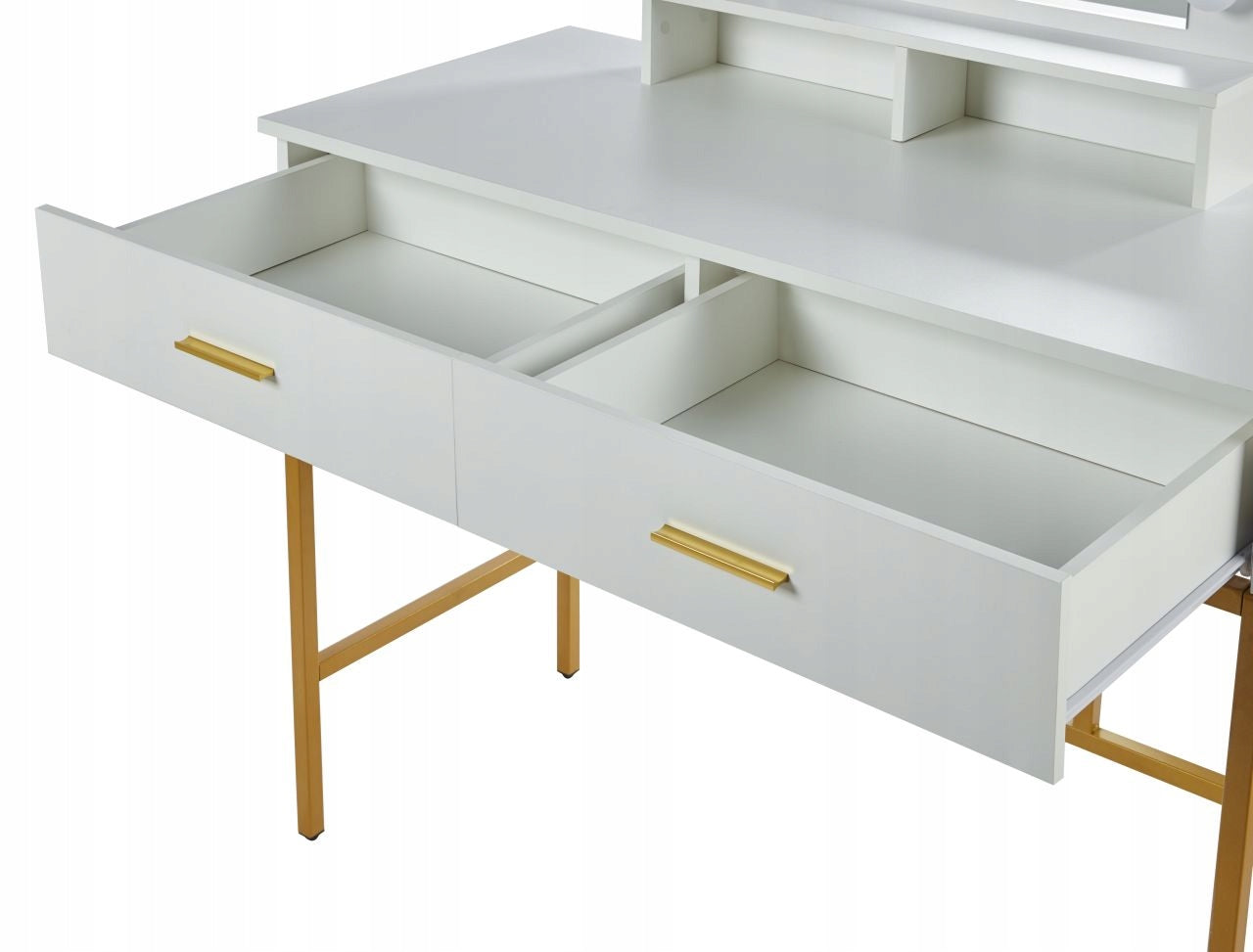 Elegancka toaletka biała 100cm, lustro LED, złoty stelaż