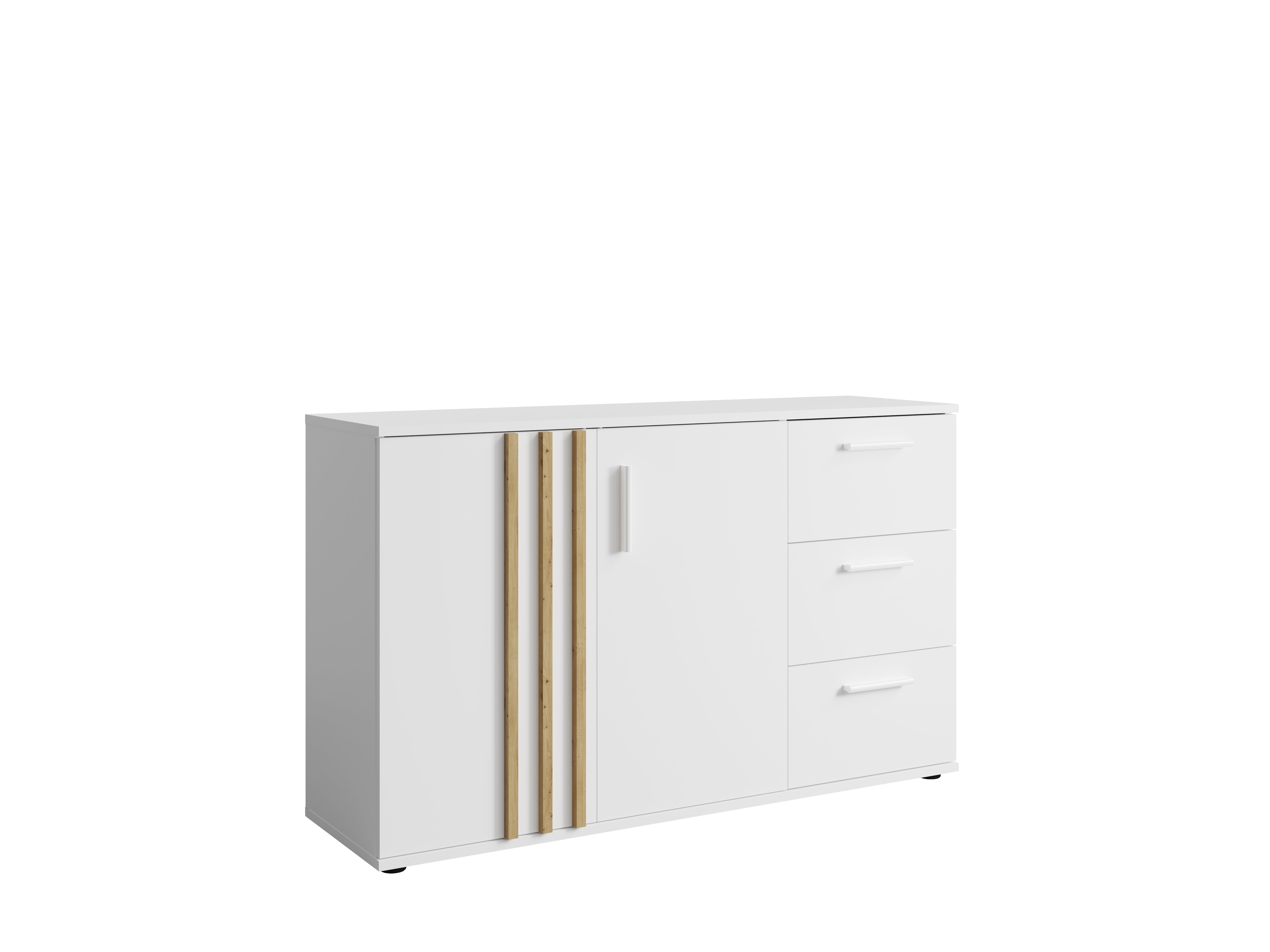 Komoda NOVA 120 cm z lamelami i trzema szufladami- Biały / Dąb Artisan
