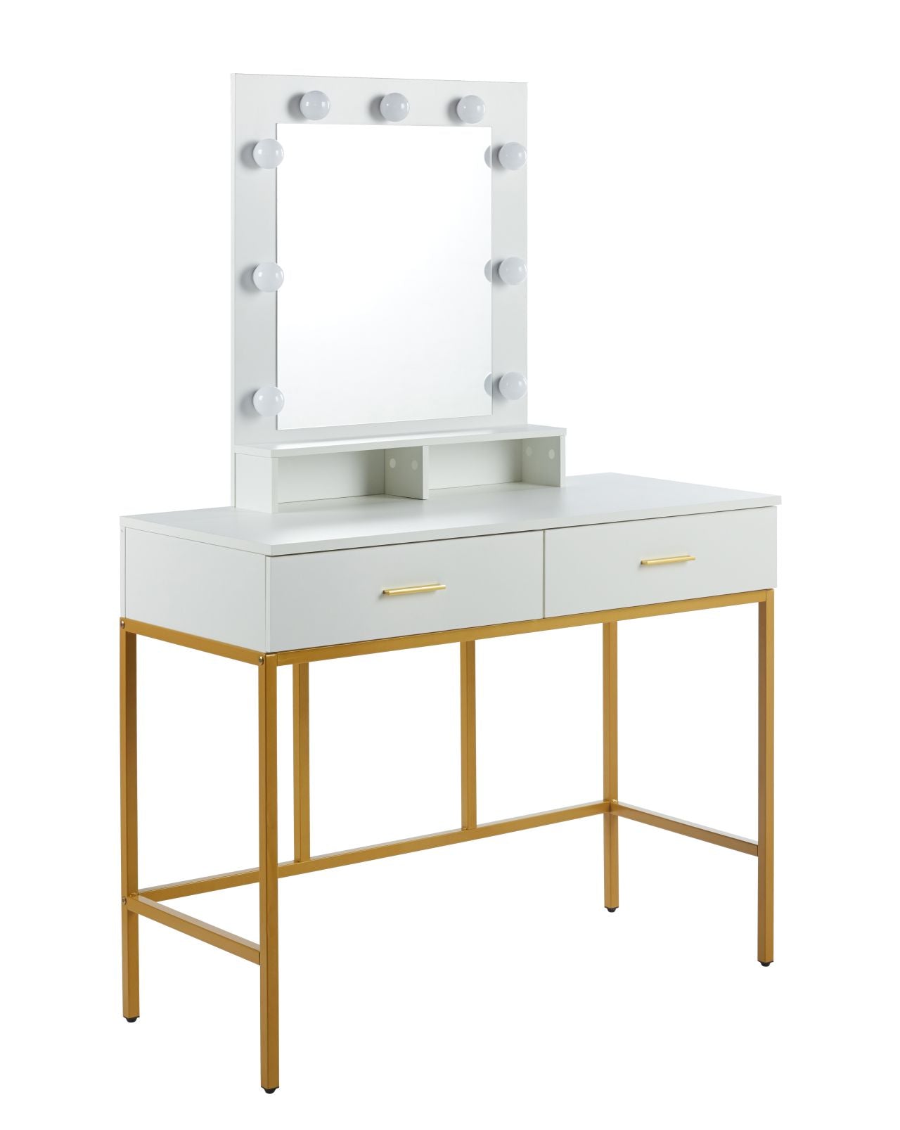 Elegancka toaletka biała 100cm, lustro LED, złoty stelaż
