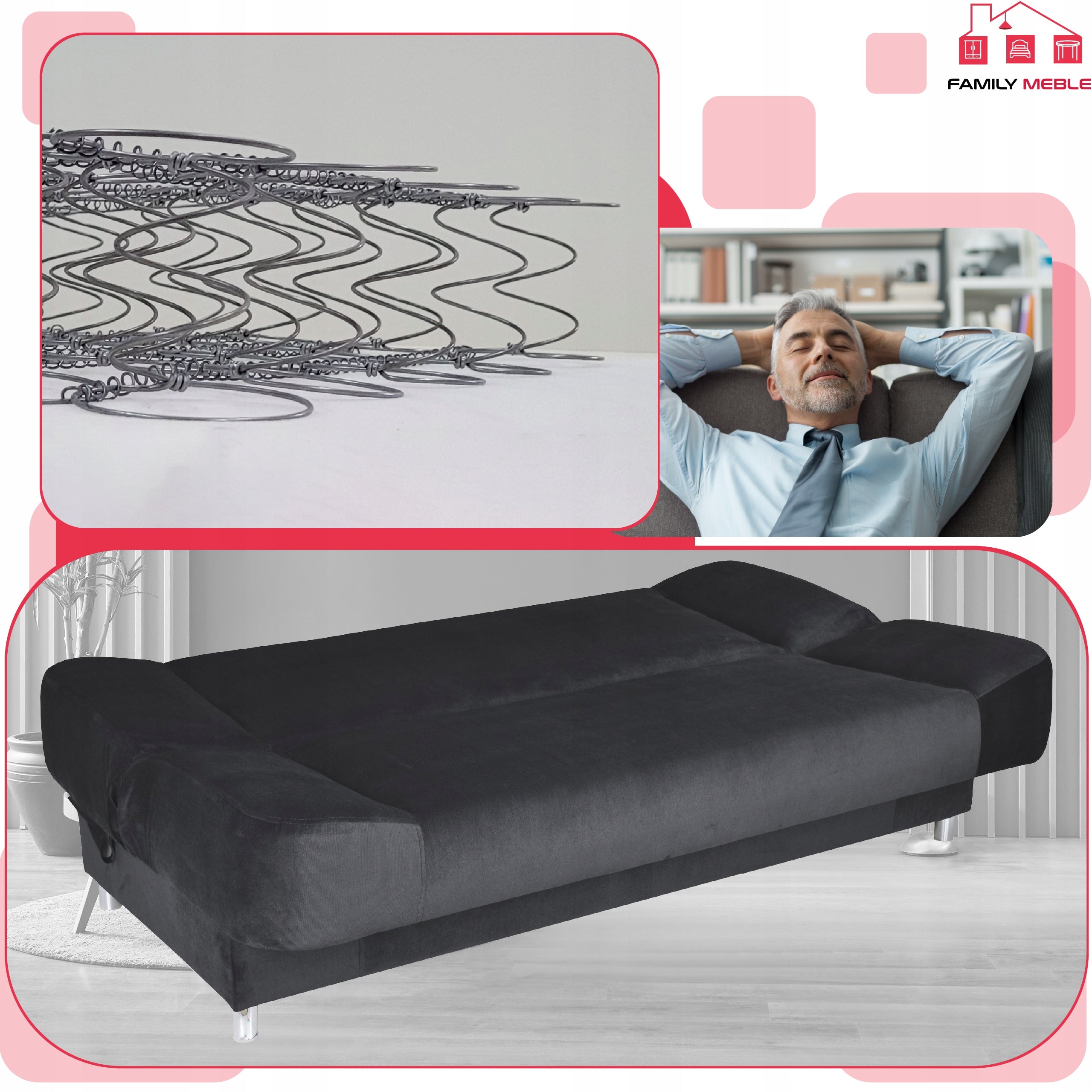 Kanapa Sara z funkcją spania bonell i pojemnikiem na pościel