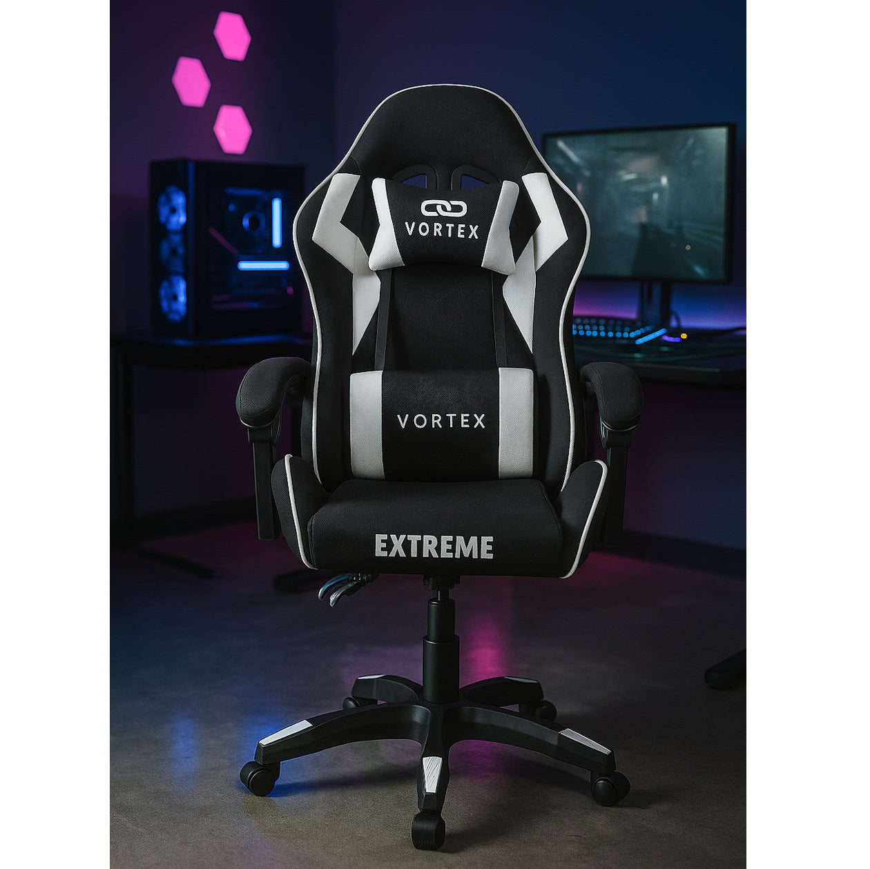 EXTREME Vortex – Fotel Gamingowy z Tkaniny, Czarno-Biały Ergonomiczny